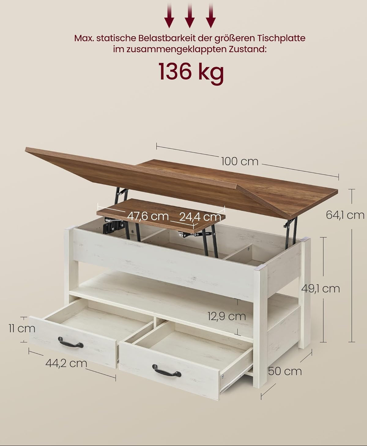 Έξυπνο Τραπεζάκι Σαλονιού Με Ρυθμιζόμενο Ύψος Πολυχρηστικό Τραπεζαρία Γραφείο Έως 64 εκ Ύψος Παλαιωμένο Λευκό LCT-B35254W01