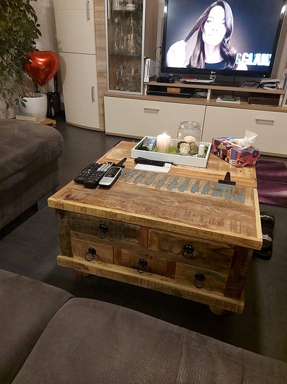 Couchtisch Couchtisch Beistelltisch Altholz Massivholz groß quadratisch mit Schubladen Sofatisch 1243978
