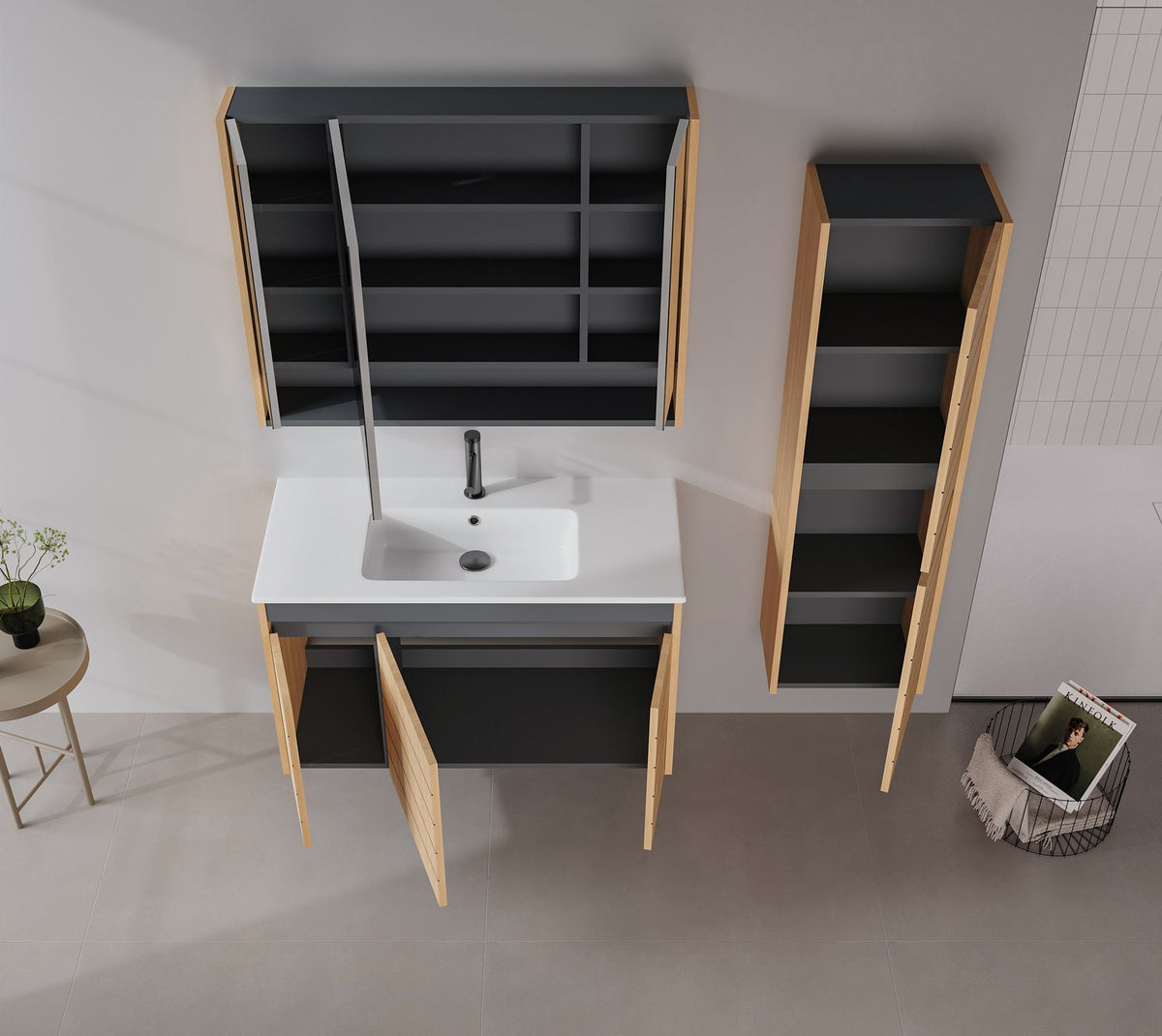 Σετ Επίπλου Μπάνιου με Νιπτήρα & Καθρέφτη (2 Τεμάχια) σε χρώμα Δρυς, 785PNC1727.