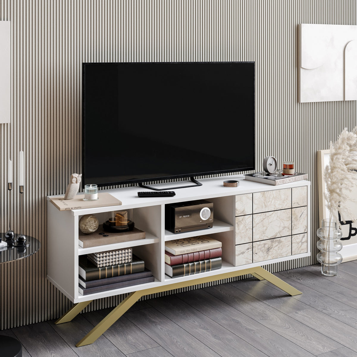 Έπιπλο Τηλεόρασης TV Βάση Σύνθεση Λευκό Χρυσό | 788DEC4035