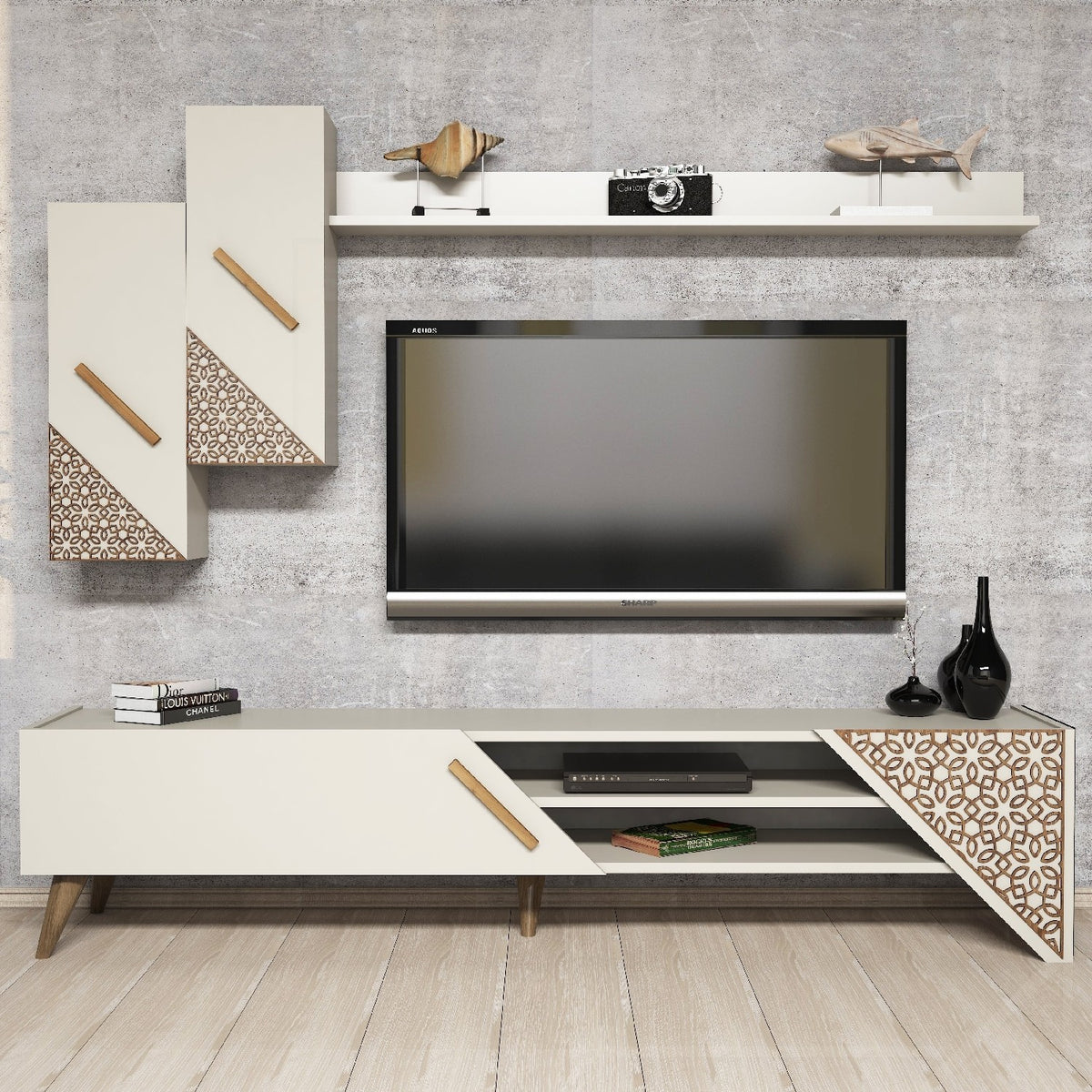 Έπιπλο Τηλεόρασης TV Βάση Σύνθεση Κρεμ | 845HCT3003