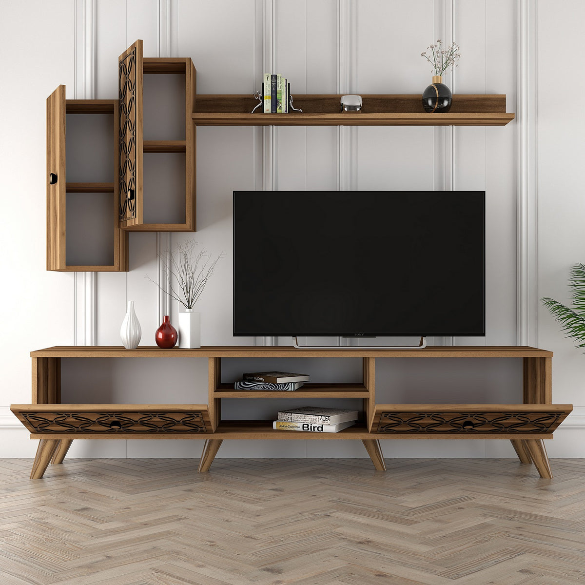 Έπιπλο Τηλεόρασης Σύνθετο TV Βάση Τηλεόρασης με ράφια και Ντουλάπια Τοίχου Σύνθεση 180x35x44 εκ 845HCT3012