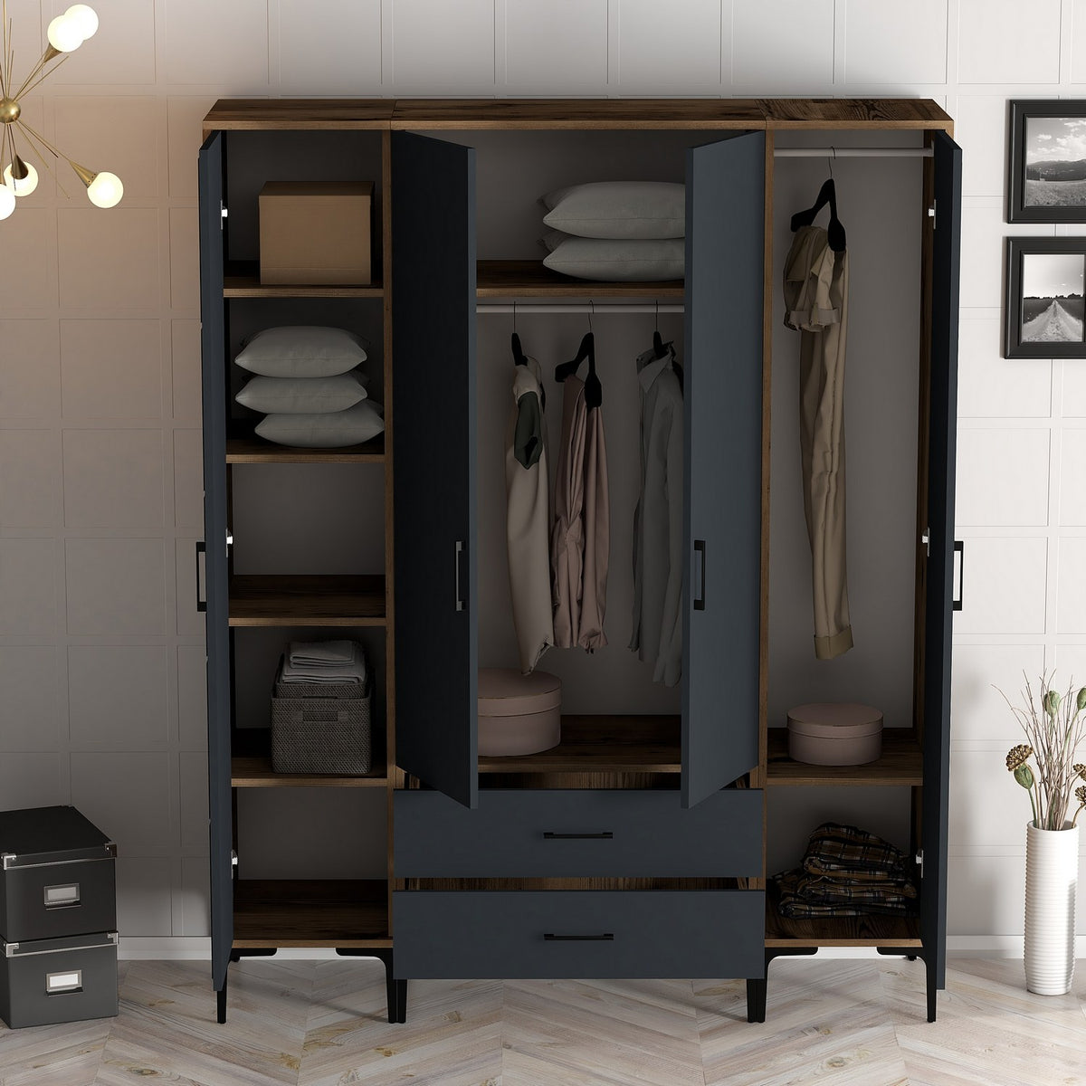 Ντουλάπα 160x201.4x47.5 εκ Walnut Anthracite 845HCT5474