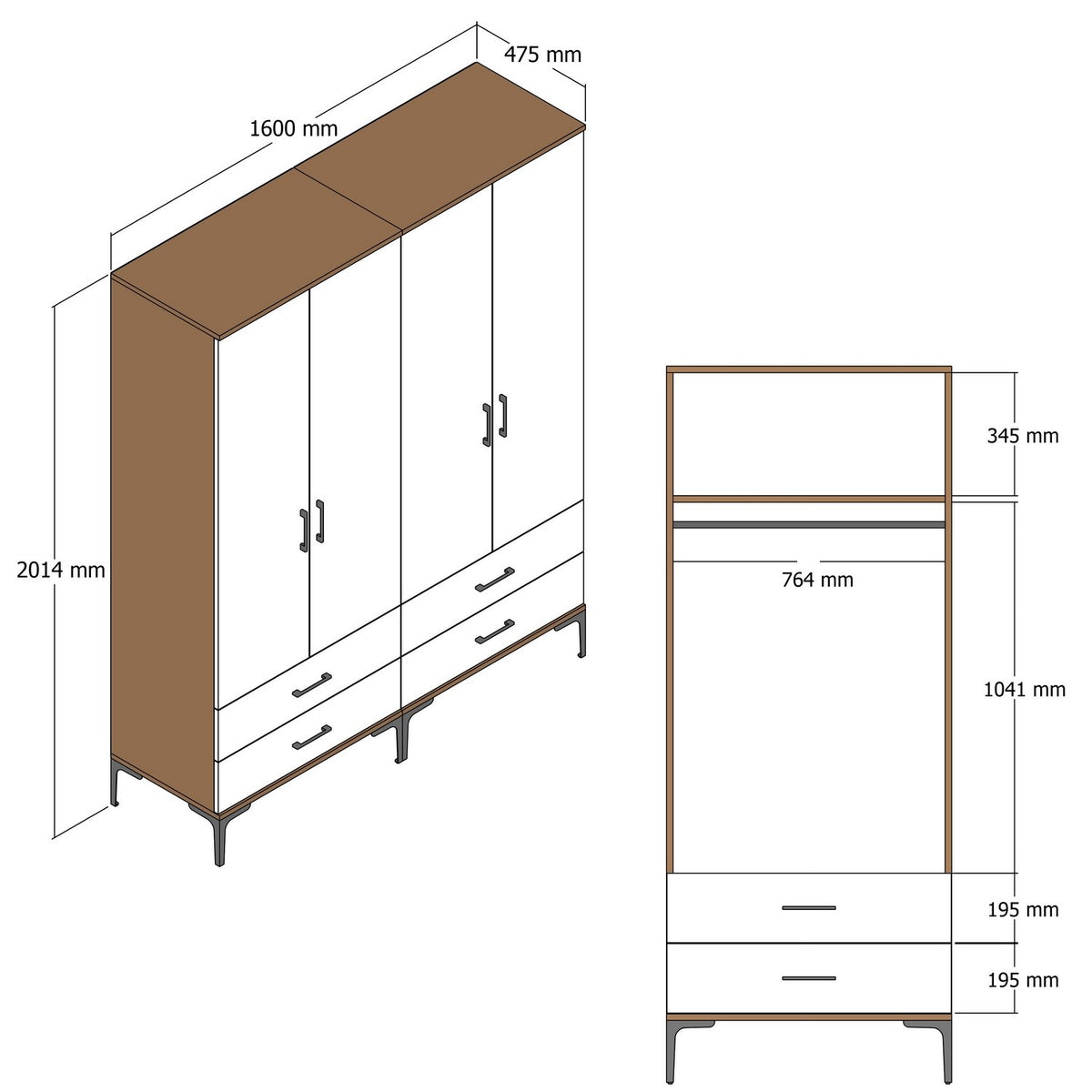 Ντουλάπα 160x201.4x47.5 εκ Walnut White 845HCT5485