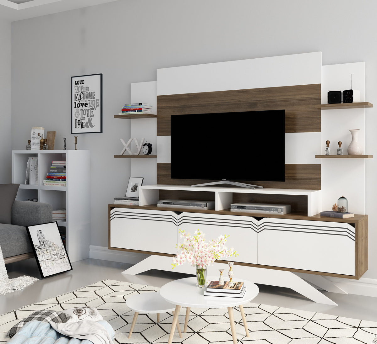Έπιπλο Τηλεόρασης TV Βάση Σύνθεση Καρυδί Λευκό | 875ZNA3027