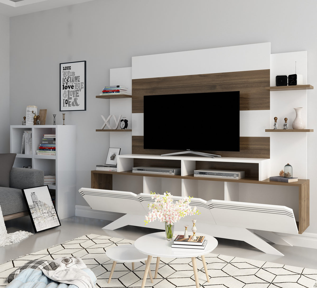 Έπιπλο Τηλεόρασης TV Βάση Σύνθεση Καρυδί Λευκό | 875ZNA3027