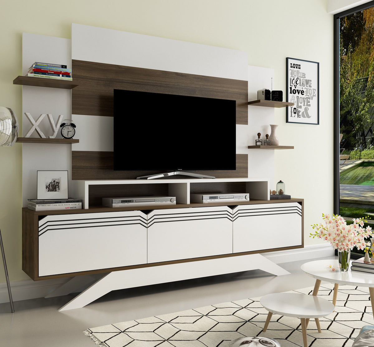 Έπιπλο Τηλεόρασης TV Βάση Σύνθεση Καρυδί Λευκό | 875ZNA3027
