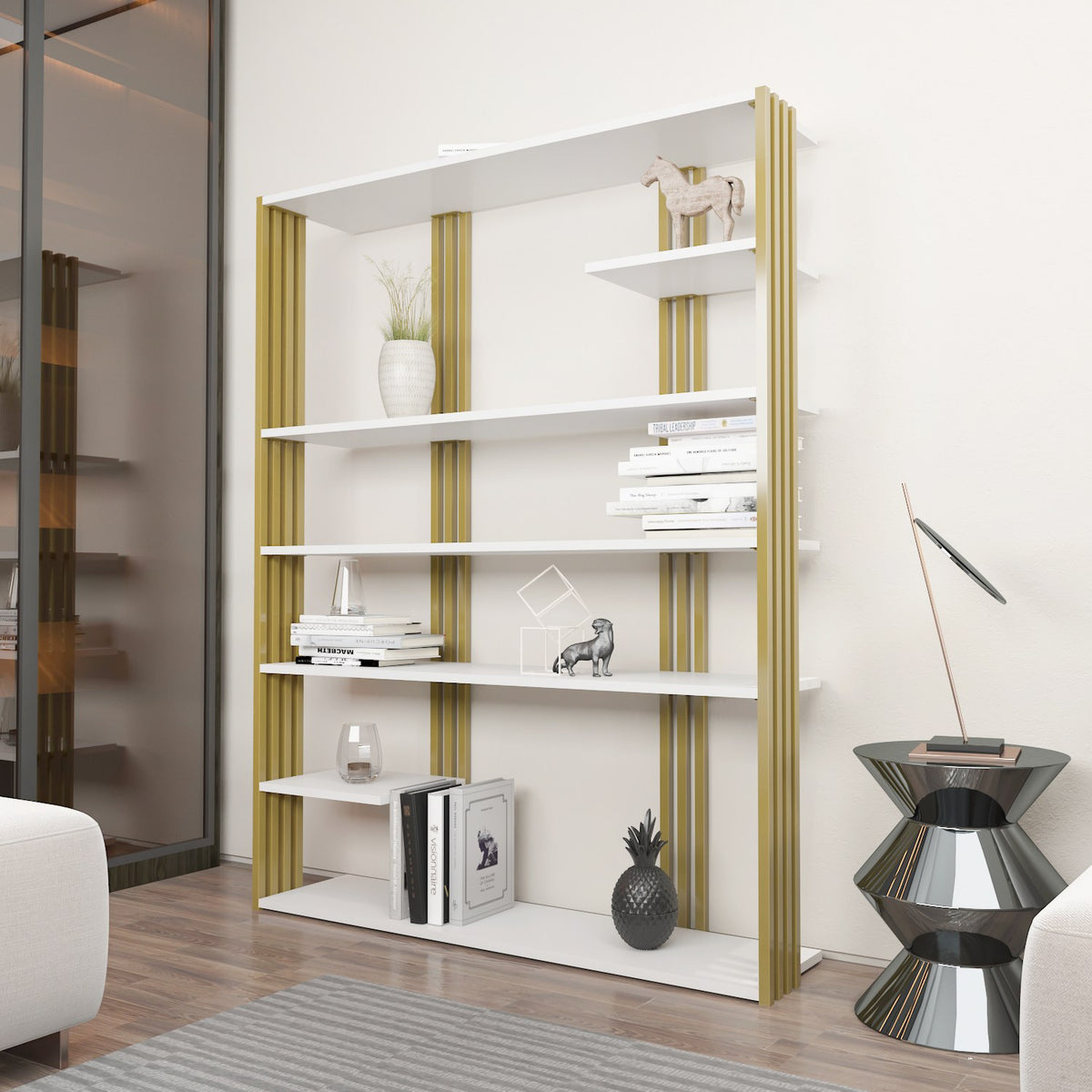 Βιβλιοθήκη 120 × 29,6 × 160 εκ. Λευκό Χρυσό GR875ZNA4519