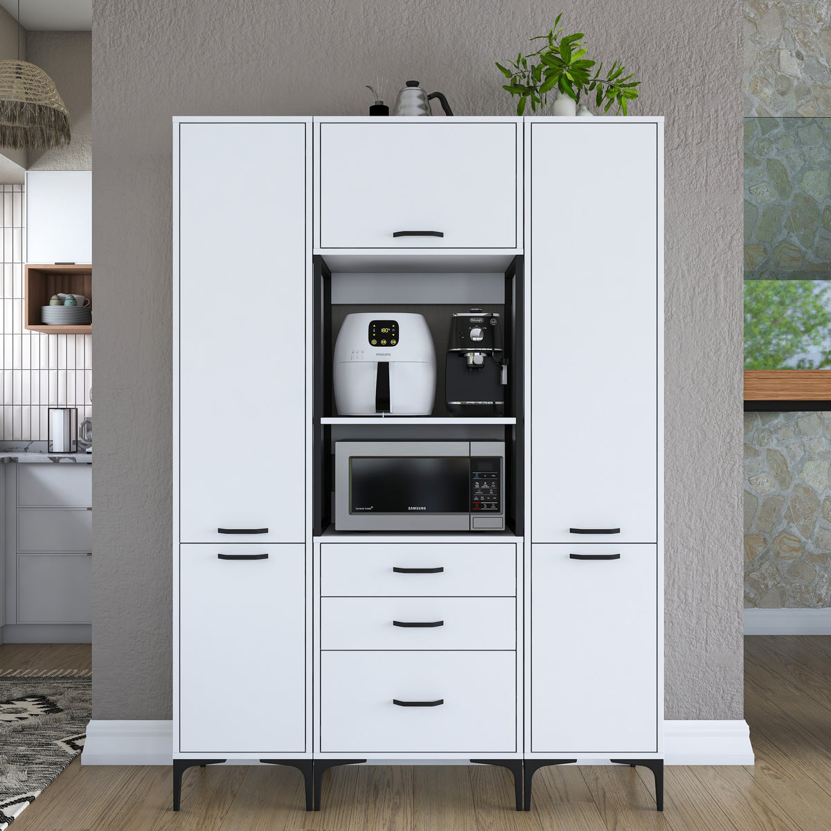 Βοηθητικό Ντουλάπι Κουζίνας με Ράφια 140x40x198,6 εκ. – Πολυλειτουργικό Λευκό Ντουλάπι Αποθήκευσης Ράφι Κουζίνας 893RAN4949
