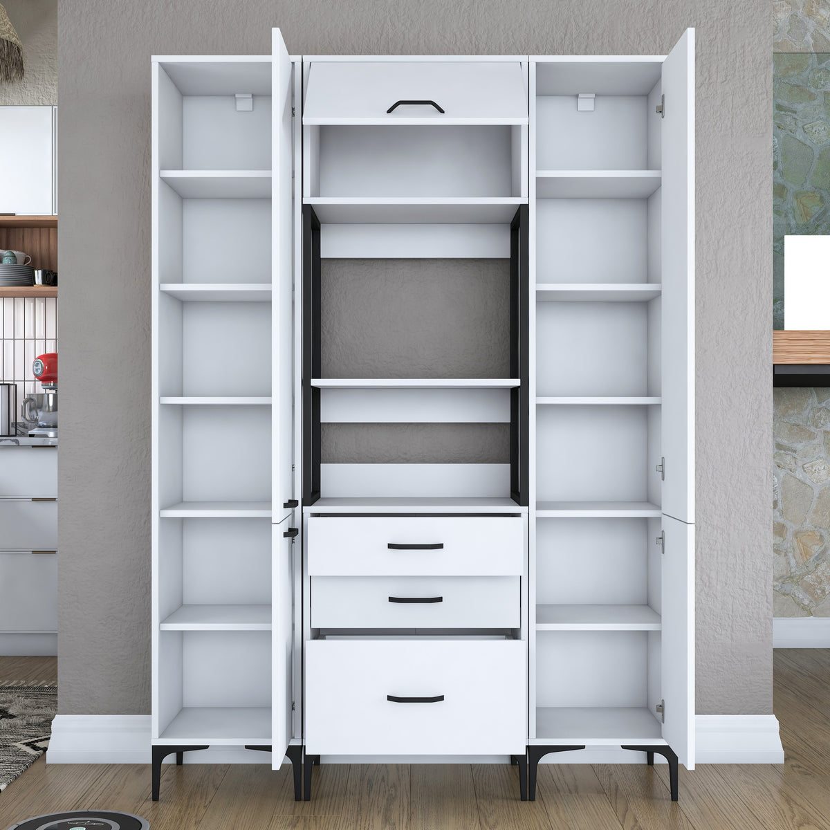 Βοηθητικό Ντουλάπι Κουζίνας με Ράφια 140x40x198,6 εκ. – Πολυλειτουργικό Λευκό Ντουλάπι Αποθήκευσης Ράφι Κουζίνας 893RAN4949
