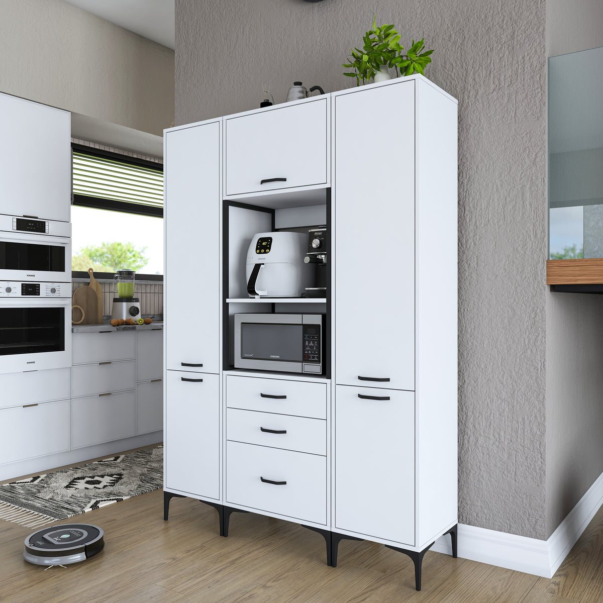 Βοηθητικό Ντουλάπι Κουζίνας με Ράφια 140x40x198,6 εκ. – Πολυλειτουργικό Λευκό Ντουλάπι Αποθήκευσης Ράφι Κουζίνας 893RAN4949