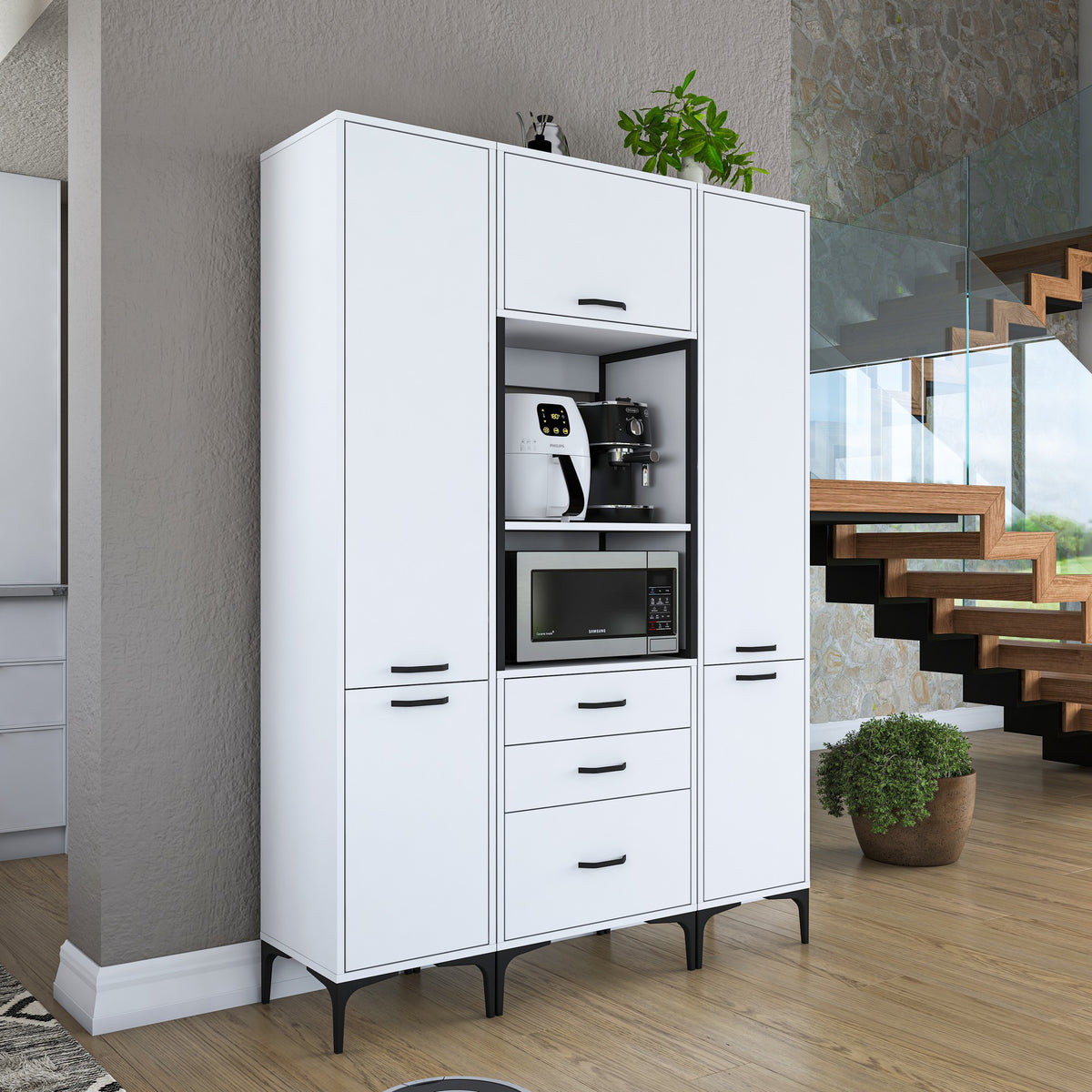 Βοηθητικό Ντουλάπι Κουζίνας με Ράφια 140x40x198,6 εκ. – Πολυλειτουργικό Λευκό Ντουλάπι Αποθήκευσης Ράφι Κουζίνας 893RAN4949
