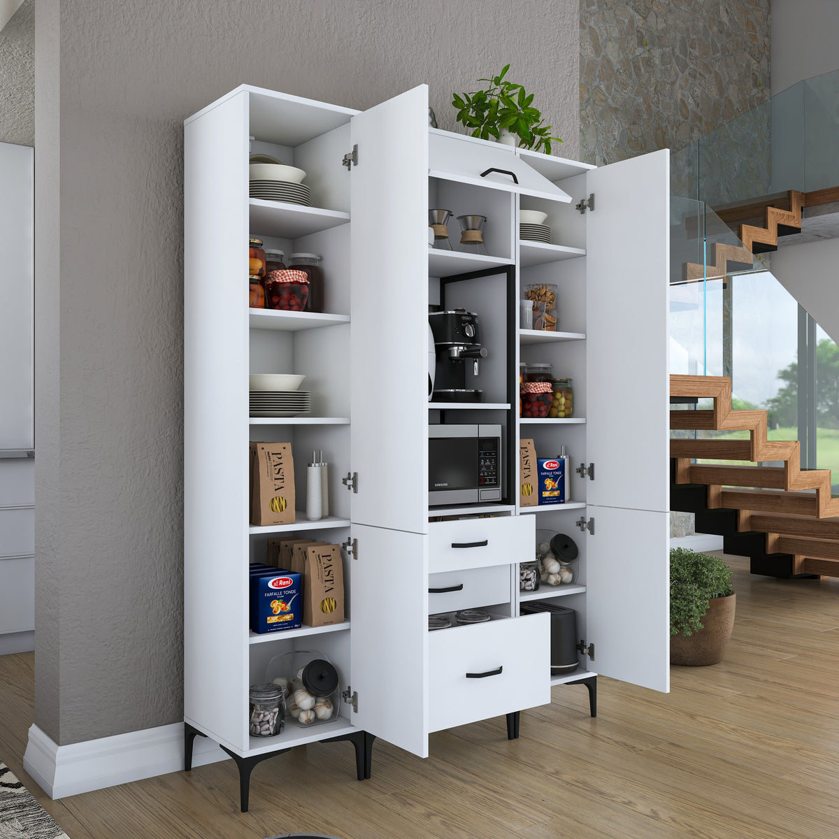 Βοηθητικό Ντουλάπι Κουζίνας με Ράφια 140x40x198,6 εκ. – Πολυλειτουργικό Λευκό Ντουλάπι Αποθήκευσης Ράφι Κουζίνας 893RAN4949