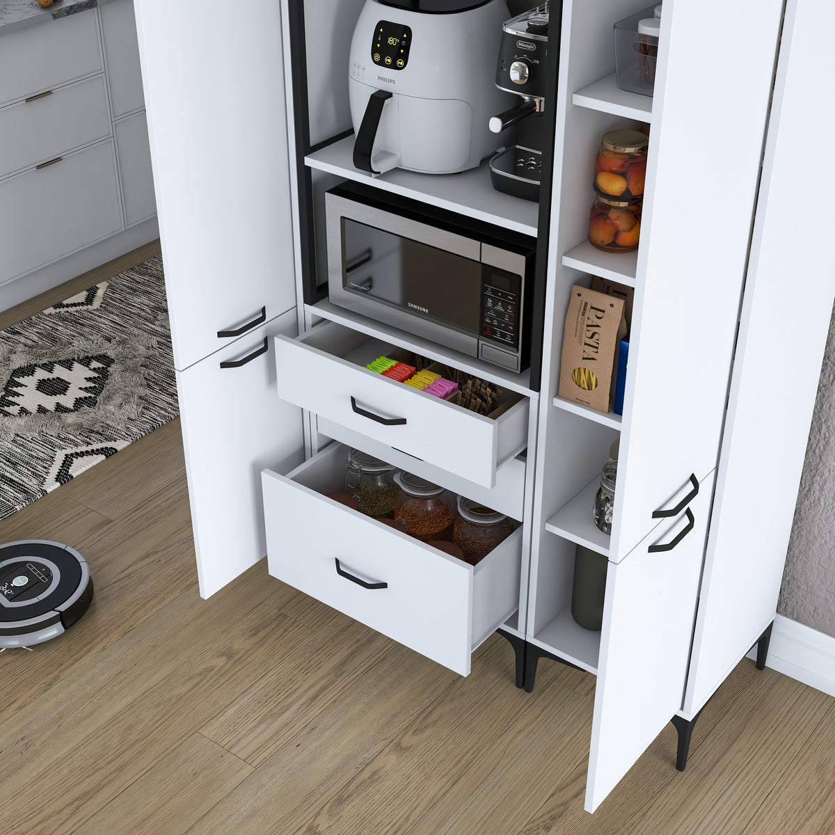 Βοηθητικό Ντουλάπι Κουζίνας με Ράφια 140x40x198,6 εκ. – Πολυλειτουργικό Λευκό Ντουλάπι Αποθήκευσης Ράφι Κουζίνας 893RAN4949