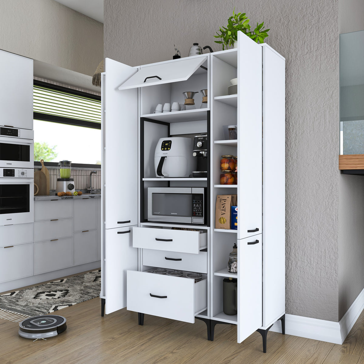 Βοηθητικό Ντουλάπι Κουζίνας με Ράφια 140x40x198,6 εκ. – Πολυλειτουργικό Λευκό Ντουλάπι Αποθήκευσης Ράφι Κουζίνας 893RAN4949