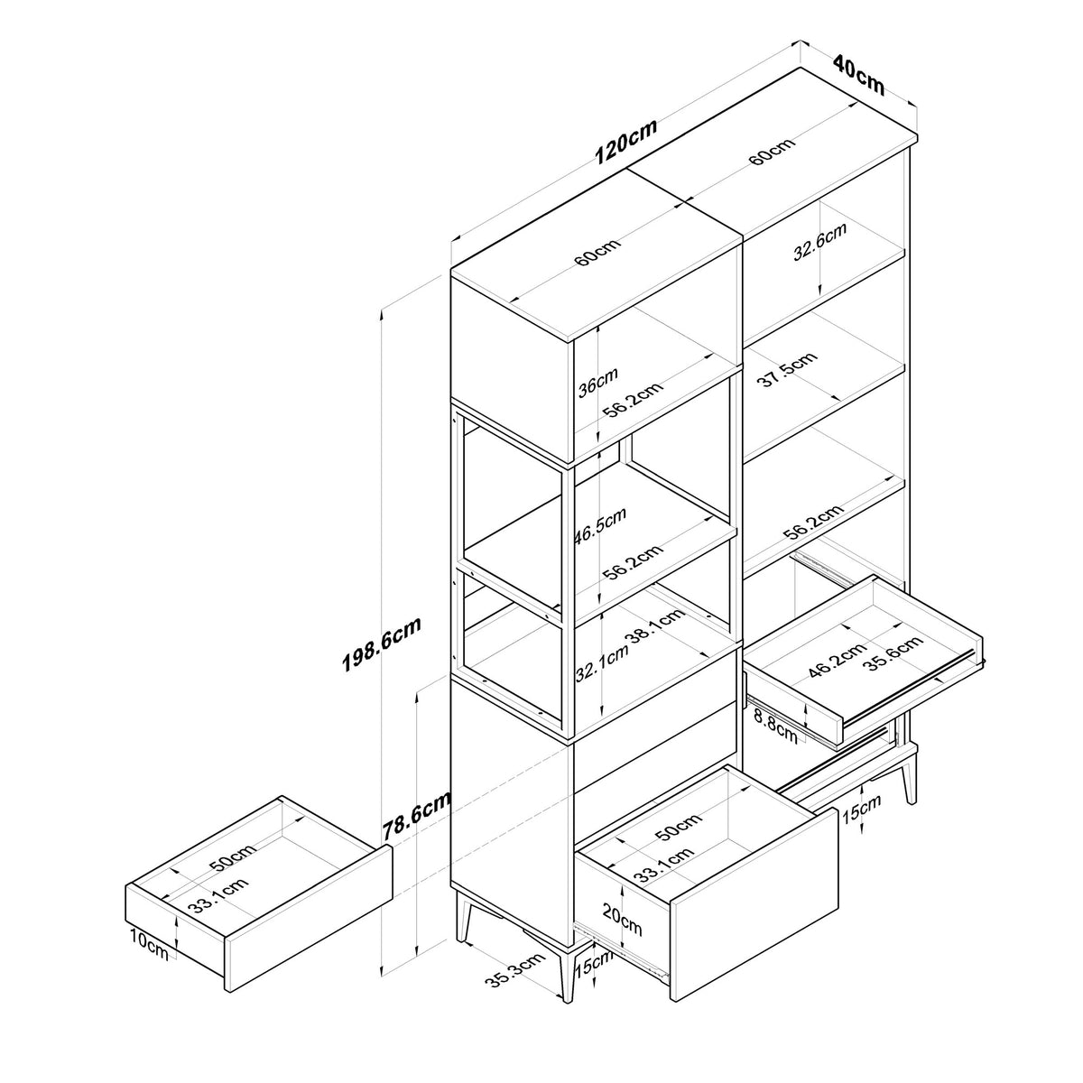Βοηθητικό Ντουλάπι Κουζίνας με Ράφια 120x40x198,6 εκ. – Ψηλή Λευκή Ντουλάπα Αποθήκευσης Ράφι Κουζίνας 893RAN4951
