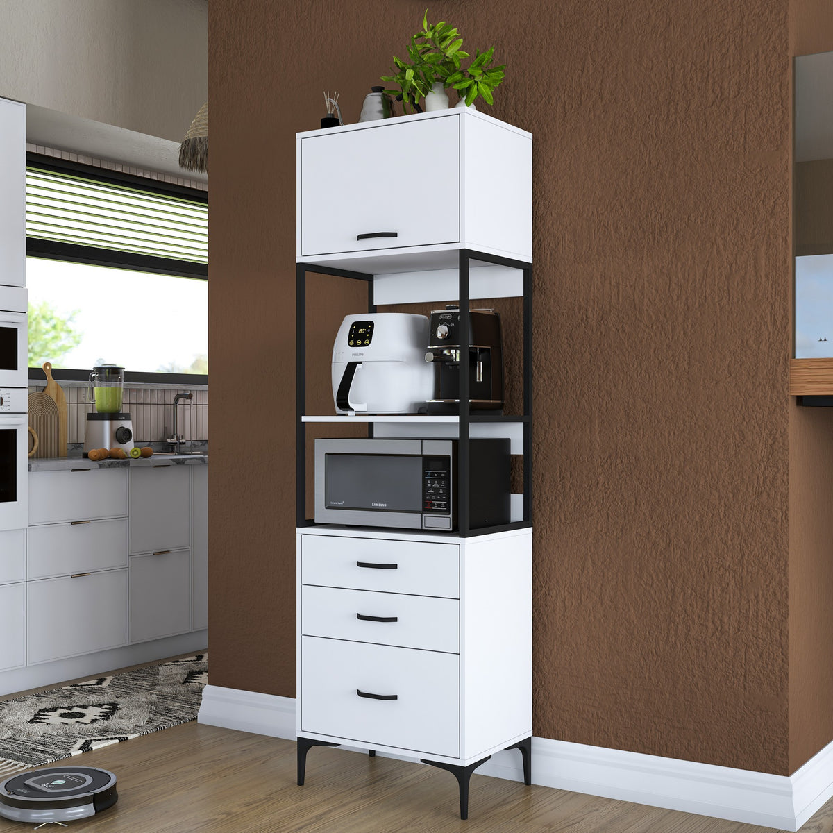 Βοηθητικό Ντουλάπι Κουζίνας με Ράφια 60x40x198,6 εκ. – Ψηλή Λευκή Ντουλάπα Αποθήκευσης Ράφι Κουζίνας 893RAN4952