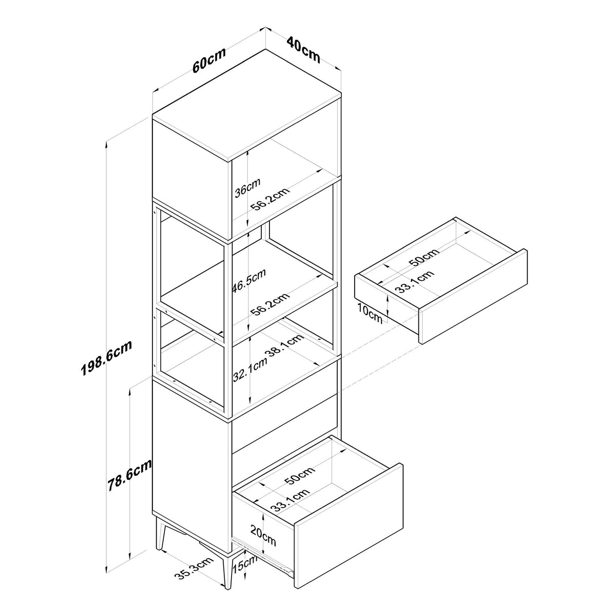 Βοηθητικό Ντουλάπι Κουζίνας με Ράφια 60x40x198,6 εκ. – Ψηλή Λευκή Ντουλάπα Αποθήκευσης Ράφι Κουζίνας 893RAN4952