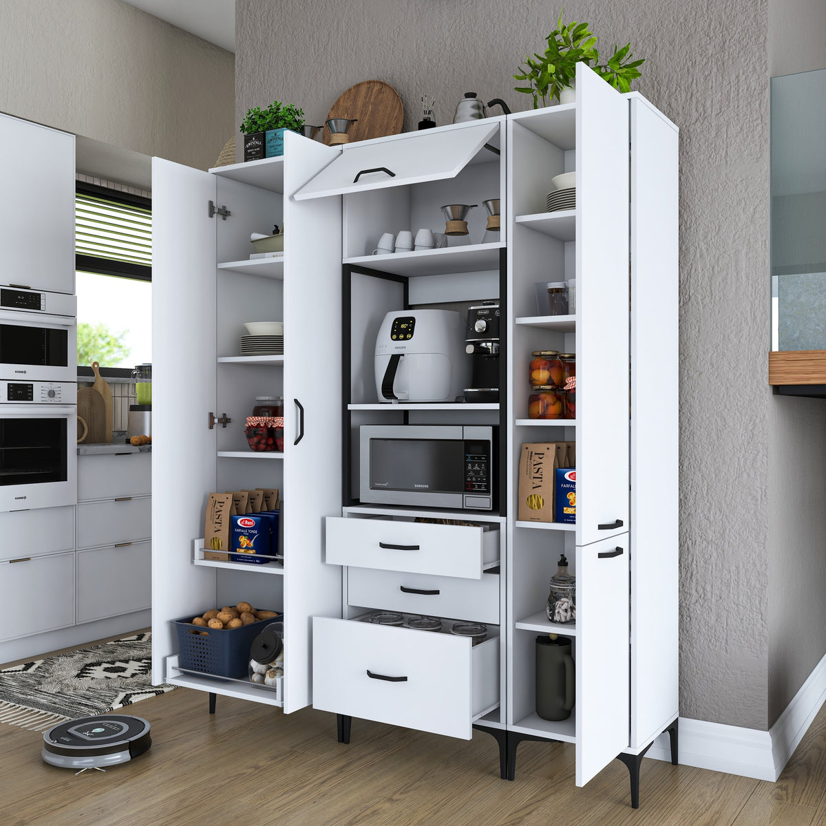 Βοηθητικό Ντουλάπι Κουζίνας με Ράφια 160x40x198,6 εκ. – Ψηλή Λευκή Ντουλάπα Αποθήκευσης Πολλαπλών Χρήσεων Ράφι Κουζίνας 893RAN4953