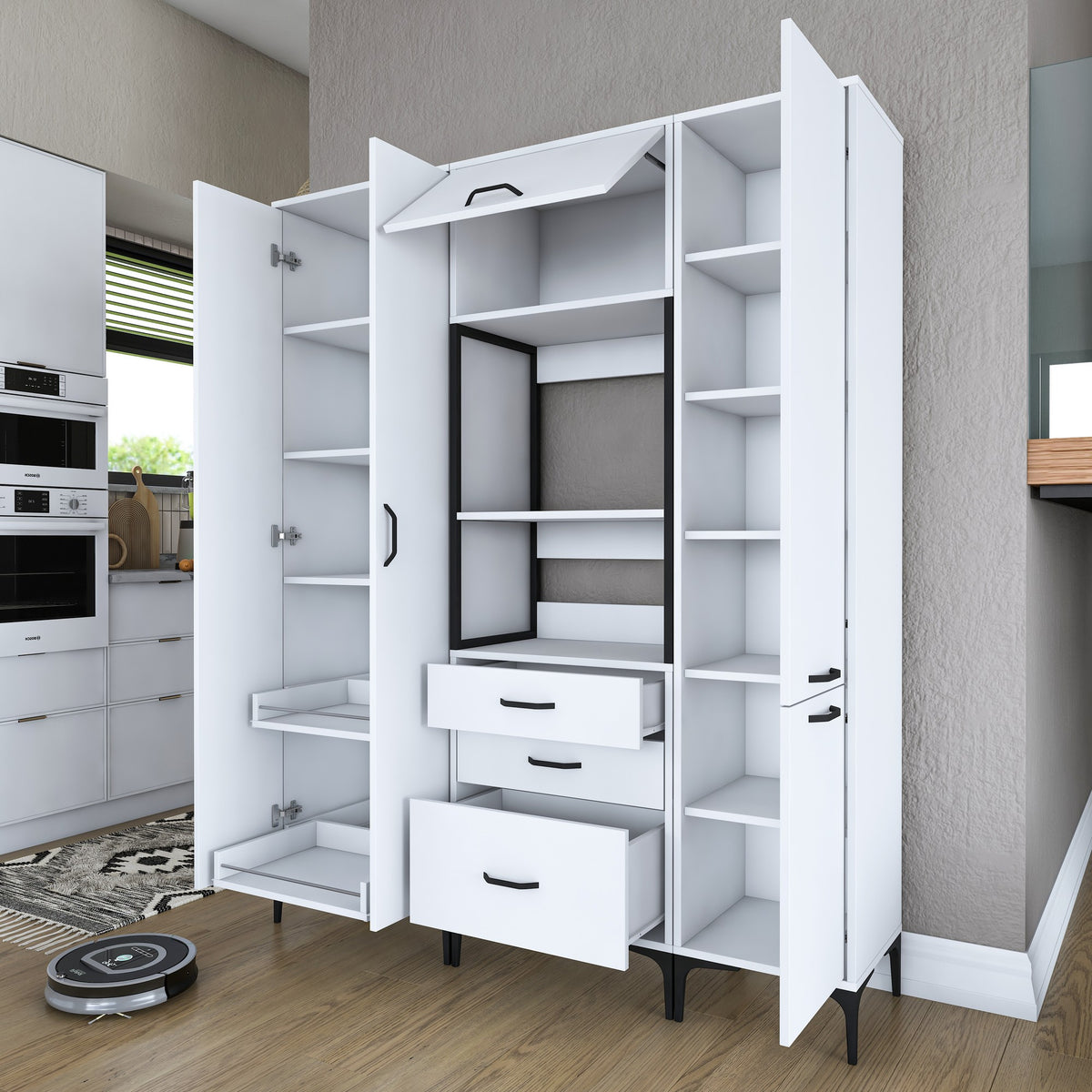 Βοηθητικό Ντουλάπι Κουζίνας με Ράφια 160x40x198,6 εκ. – Ψηλή Λευκή Ντουλάπα Αποθήκευσης Πολλαπλών Χρήσεων Ράφι Κουζίνας 893RAN4953