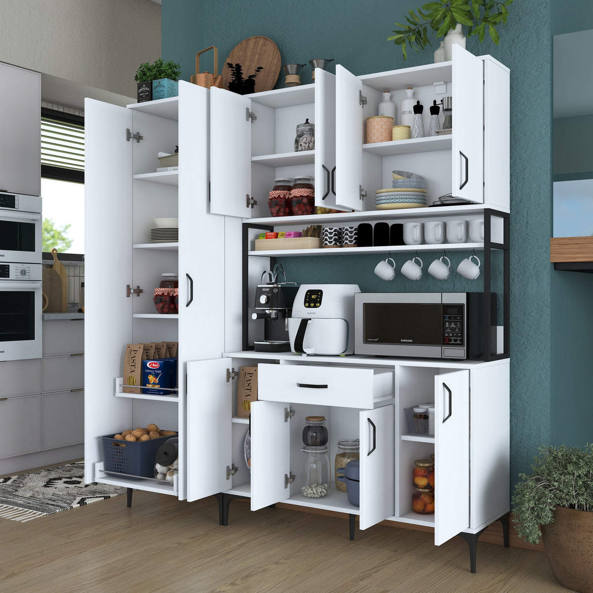 Βοηθητικό Ντουλάπι Κουζίνας Λευκό 180x40x198,6 εκ. με Ράφια – Μεγάλη Ντουλάπα Αποθήκευσης Πολλαπλών Χρήσεων Ράφι Κουζίνας 893RAN5449