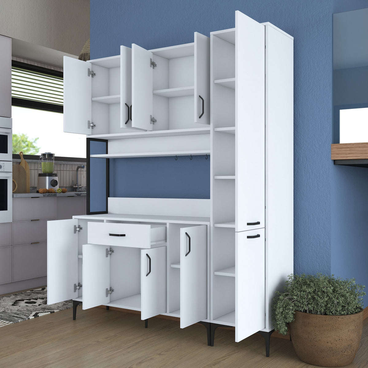 Βοηθητικό Ντουλάπι Κουζίνας Λευκό 160x40x198,6 εκ. με Ράφια – Ψηλή Ντουλάπα Αποθήκευσης Πολλαπλών Χρήσεων Ράφι Κουζίνας 893RAN5450