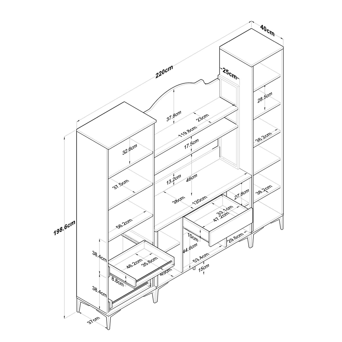 Βοηθητικό Ντουλάπι Κουζίνας Λευκό 220x40x198,6 εκ. με Ράφια – Μεγάλη Πολυλειτουργική Ντουλάπα Αποθήκευσης Υψηλής Χωρητικότητας Ράφι Κουζίνας 893RAN5455