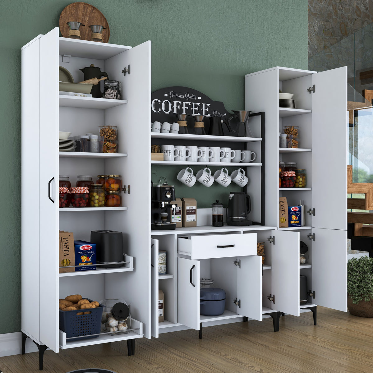 Βοηθητικό Ντουλάπι Κουζίνας Λευκό 220x40x198,6 εκ. με Ράφια – Μεγάλη Πολυλειτουργική Ντουλάπα Αποθήκευσης Υψηλής Χωρητικότητας Ράφι Κουζίνας 893RAN5455