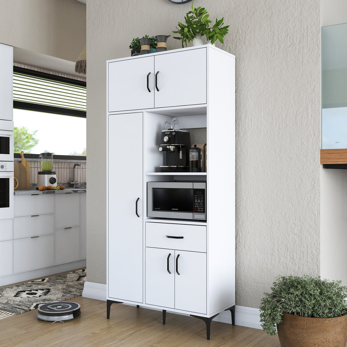 Βοηθητικό Ντουλάπι Κουζίνας Λευκό 90x40x198,6 εκ. με Ρυθμιζόμενα Ράφια – Πολυλειτουργική Ντουλάπα Αποθήκευσης Ράφι Κουζίνας 893RAN5458
