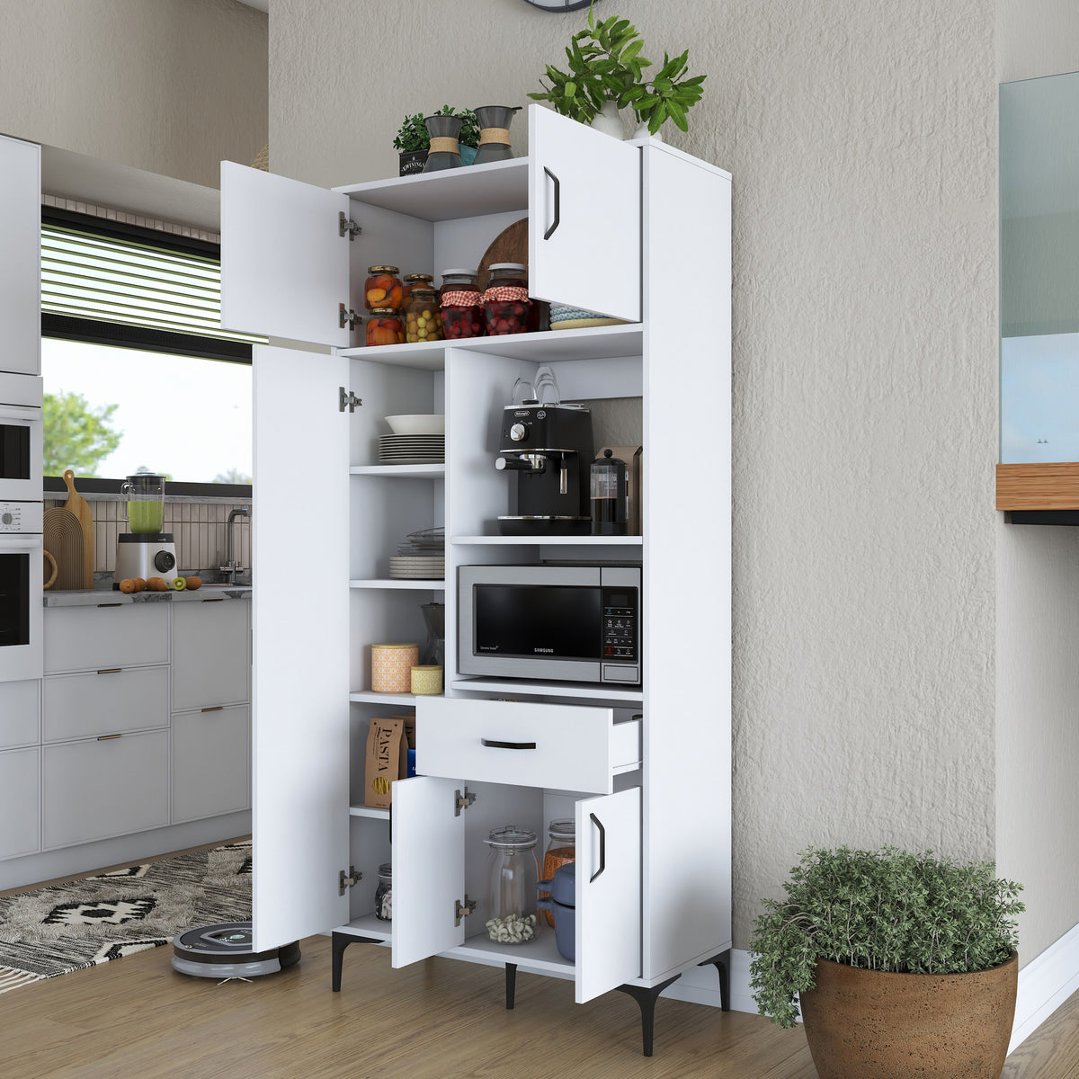 Βοηθητικό Ντουλάπι Κουζίνας Λευκό 90x40x198,6 εκ. με Ρυθμιζόμενα Ράφια – Πολυλειτουργική Ντουλάπα Αποθήκευσης Ράφι Κουζίνας 893RAN5458