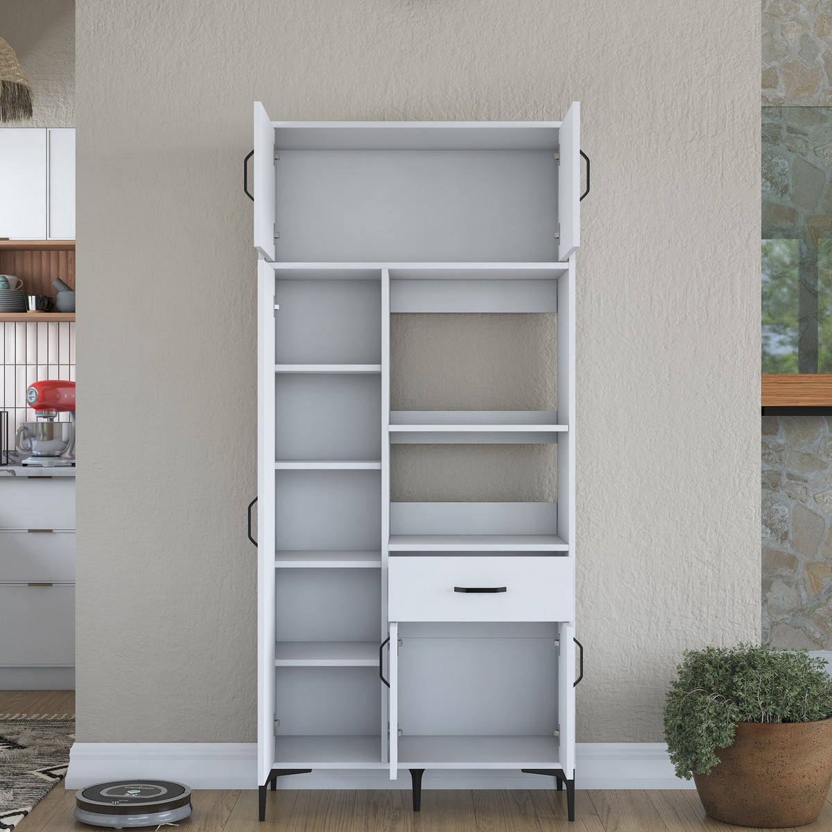 Βοηθητικό Ντουλάπι Κουζίνας Λευκό 90x40x198,6 εκ. με Ρυθμιζόμενα Ράφια – Πολυλειτουργική Ντουλάπα Αποθήκευσης Ράφι Κουζίνας 893RAN5458