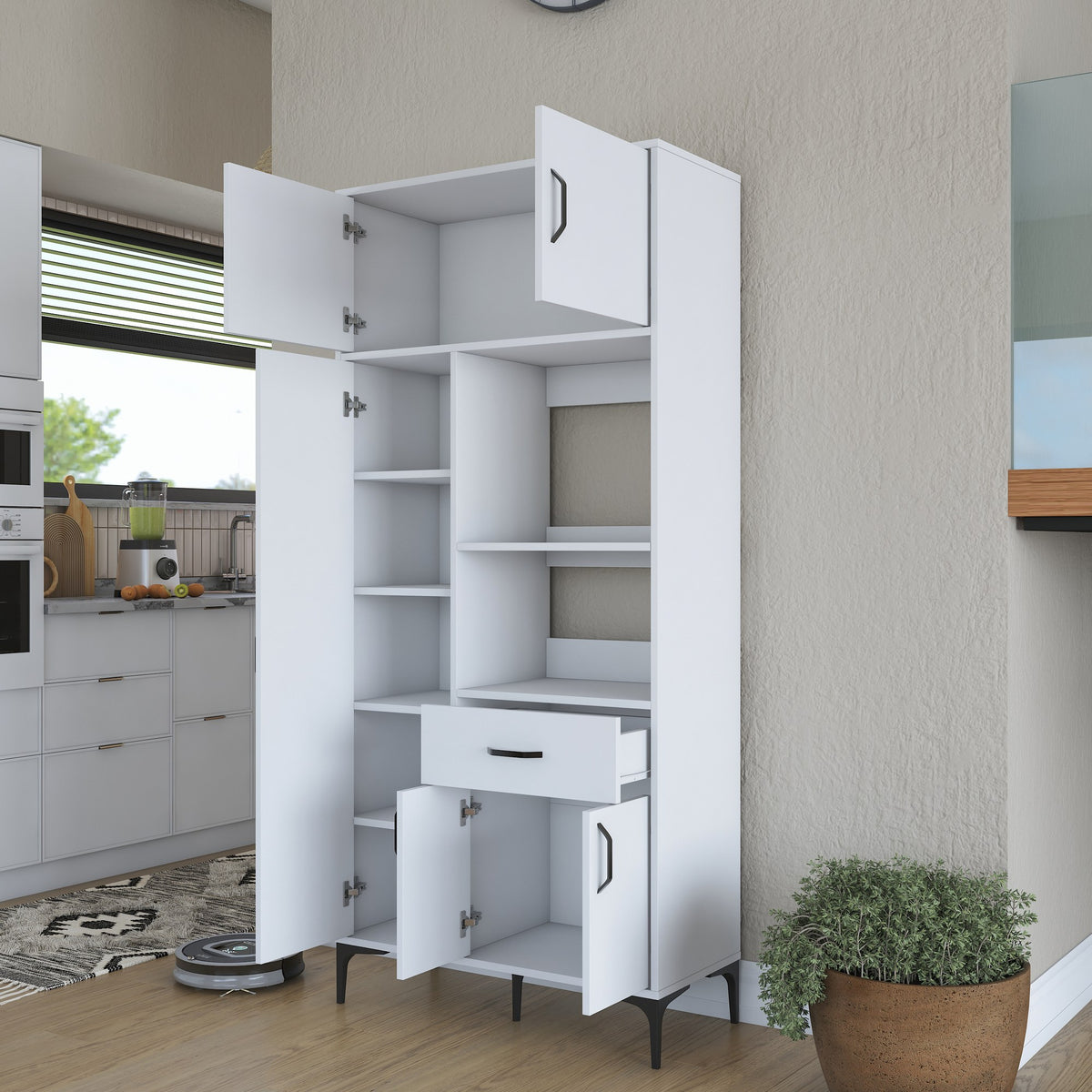 Βοηθητικό Ντουλάπι Κουζίνας Λευκό 90x40x198,6 εκ. με Ρυθμιζόμενα Ράφια – Πολυλειτουργική Ντουλάπα Αποθήκευσης Ράφι Κουζίνας 893RAN5458