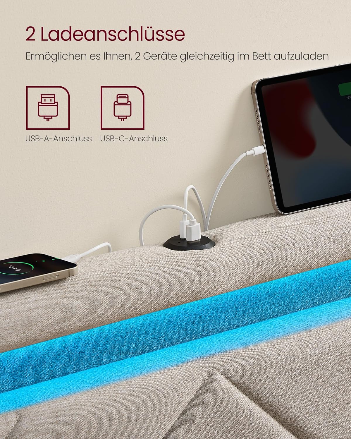 Σκελετός Διπλού Κρεβατιού 140 x 200 εκ. LED Φωτισμό 4 Συρτάρια Αποθήκευσης Σταθμός Φόρτισης Ρυθμιζόμενο Κεφαλάρι με Επένδυση Κρεβάτι Cappuccino Μπεζ RM-B827LH01