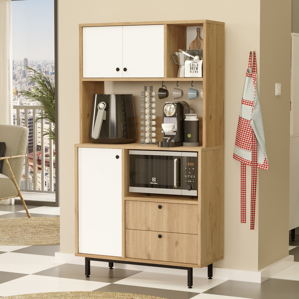 Βοηθητικό Ντουλάπι Κουζίνας Δρυς & Λευκό 88x35,5x161,2 εκ. με Μεταλλικά Πόδια και Πολλαπλά Ράφια Ράφι Κουζίνας 956LCS3560