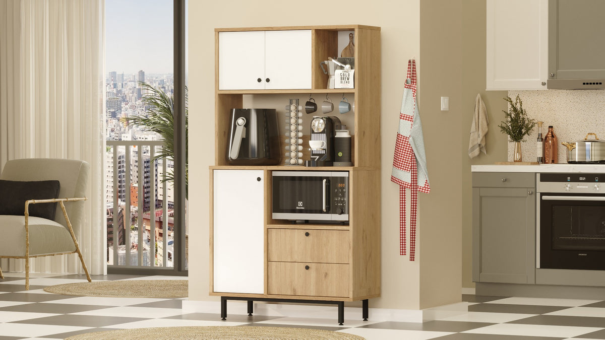 Βοηθητικό Ντουλάπι Κουζίνας Δρυς & Λευκό 88x35,5x161,2 εκ. με Μεταλλικά Πόδια και Πολλαπλά Ράφια Ράφι Κουζίνας 956LCS3560