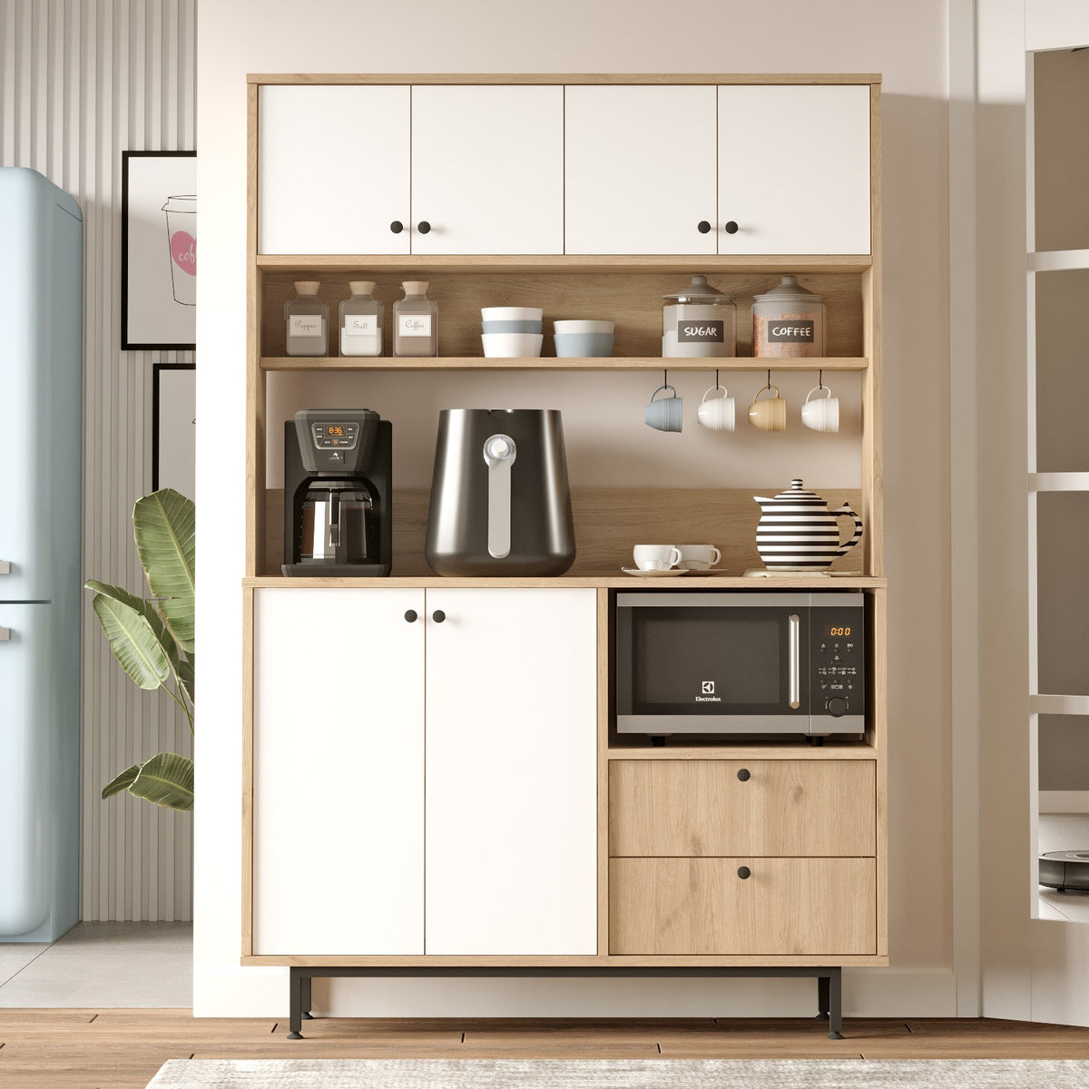 Βοηθητικό Ντουλάπι Κουζίνας Δρυς & Λευκό 120x35,5x180 εκ. με Μεταλλικά Πόδια και Πολλαπλά Ράφια Αποθήκευσης Ράφι Κουζίνας 956LCS3562