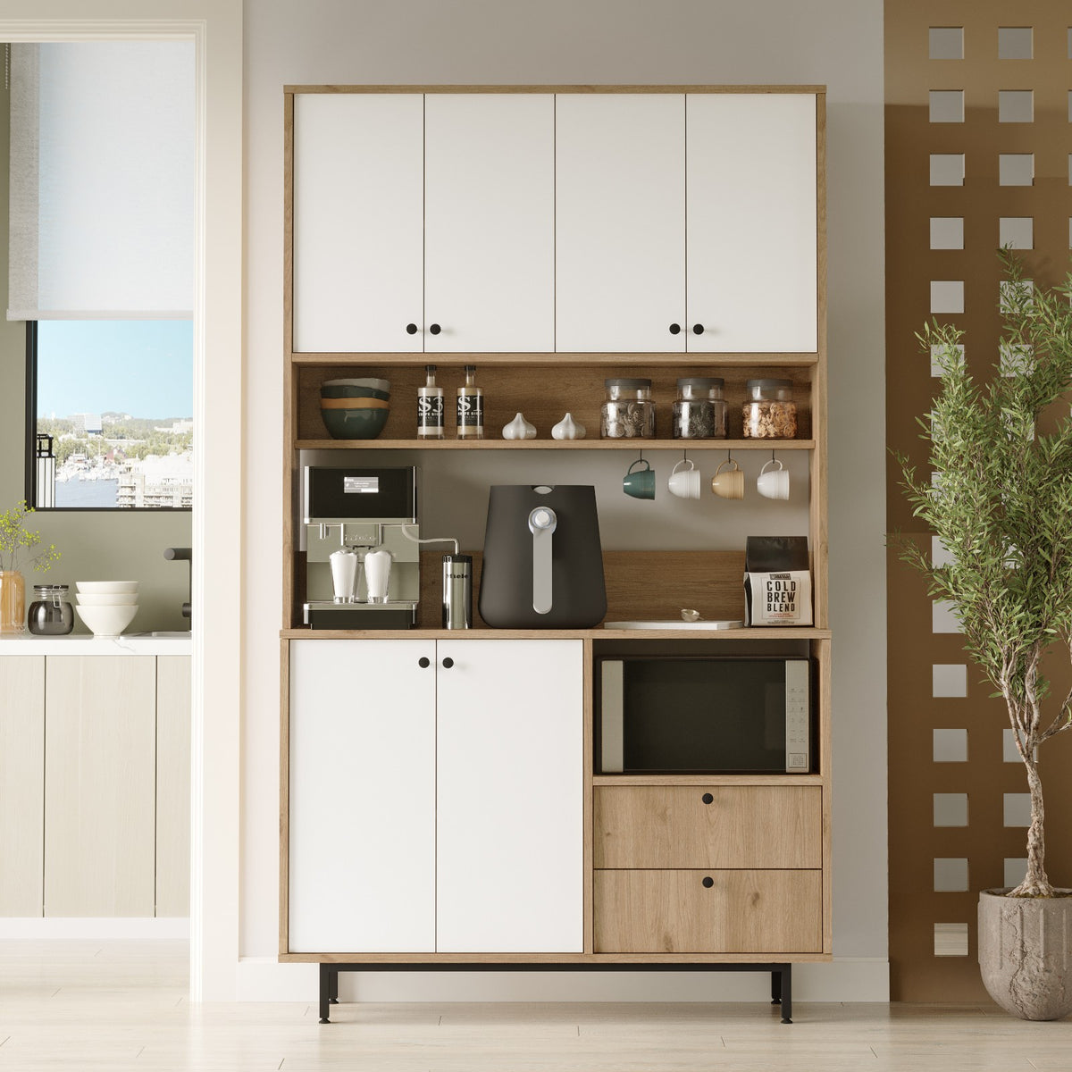 Βοηθητικό Ντουλάπι Κουζίνας Δρυς & Λευκό 120x35,5x205 εκ. με Μεταλλικά Πόδια και Πολλαπλά Ράφια Ράφι Κουζίνας 956LCS3564