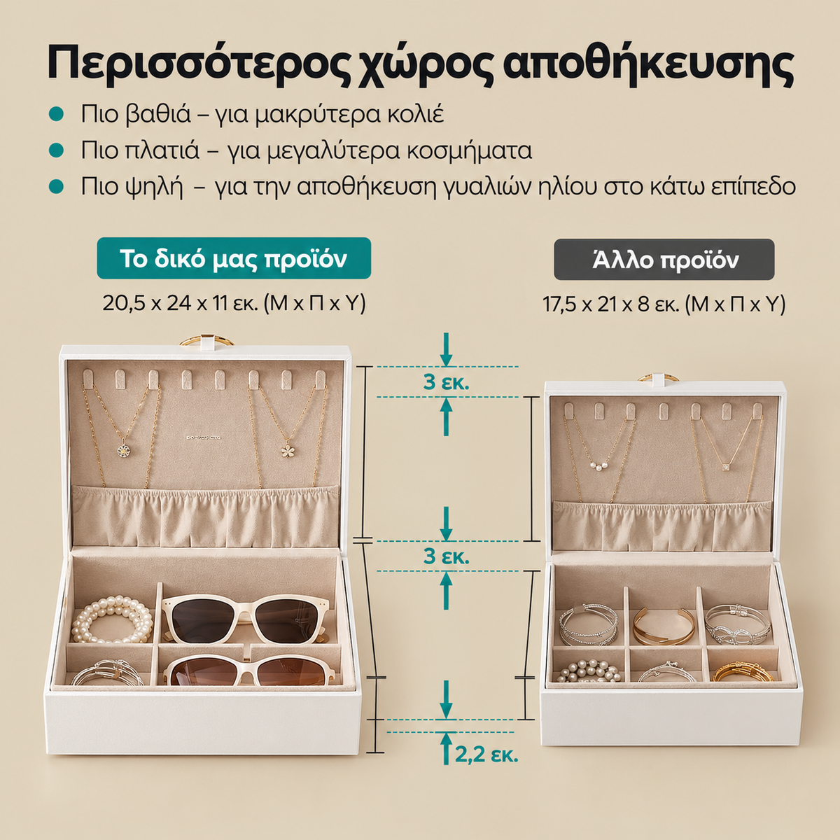 Κοσμηματοθήκη Λευκή με Χρυσές Λεπτομέρειες Αφαιρούμενο Δίσκο & Βελούδινη Επένδυση 24×20×11 εκ.  B-34JBC165W01