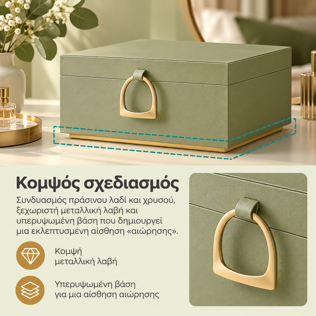 Κοσμηματοθήκη  με Αφαιρούμενο Δίσκο Βελούδινη Επένδυση & Χρυσές Λεπτομέρειες – Πράσινη 24×20×11 εκ.   B-34JBC165C02