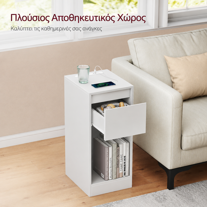 Κομοδίνο Στενό Λευκό Σετ 2 τεμ 30 x 25 x 59,5 εκ. με LED Φωτισμό και Θύρες Φόρτισης USB Συρτάρι LET-B35710W01