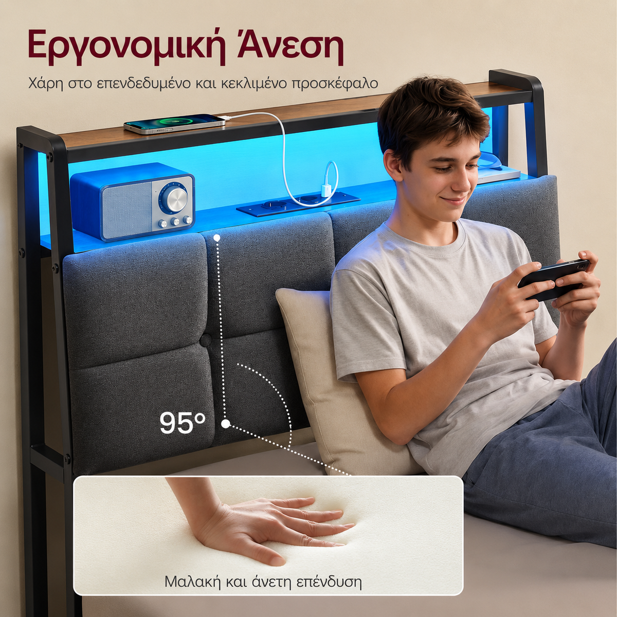 Μεταλλικό Κρεβάτι 90x200 με Υφασμάτινο Κεφαλάρι RGB LED Φωτισμό USB & Πρίζες AC Αντοχή 250 kg RMB-122G101