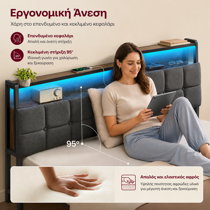 Μεταλλικό Κρεβάτι 140x200 με Υφασμάτινο Κεφαλάρι RGB LED Φωτισμό USB & Πρίζες AC Αντοχή 500 kg RMB-124G101