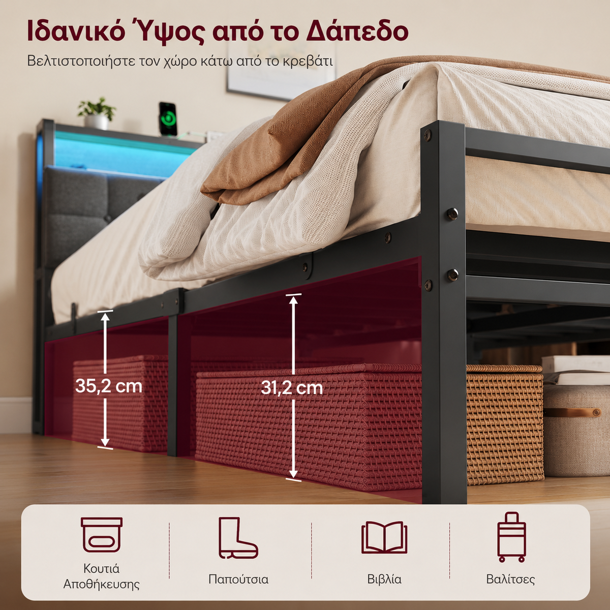 Μεταλλικό Κρεβάτι 140x200 με Υφασμάτινο Κεφαλάρι RGB LED Φωτισμό USB & Πρίζες AC Αντοχή 500 kg RMB-124G101