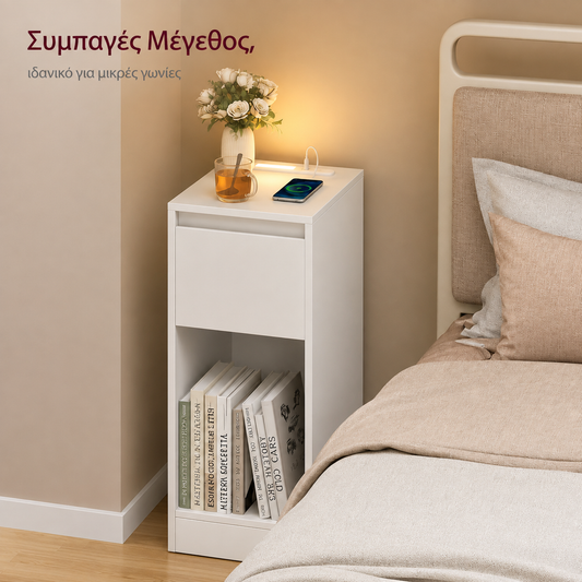 Κομοδίνο Στενό Λευκό Σετ 2 τεμ 30 x 25 x 59,5 εκ. με LED Φωτισμό και Θύρες Φόρτισης USB Συρτάρι LET-B35710W01