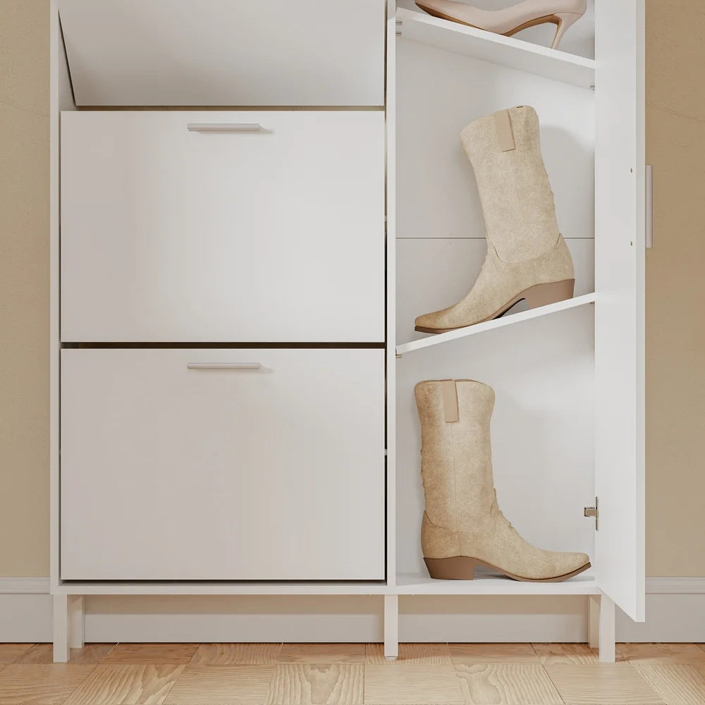 Παπουτσοθήκη Εισόδου Εξαιρετικά Λεπτή με 2 Ανακλινόμενες Πόρτες και 3 Ράφια, Χωρητικότητα έως 10 Ζευγάρια, Εξοικονόμησης Χώρου, Λευκή 83x14x118 εκ.   SBY-FSR230-W