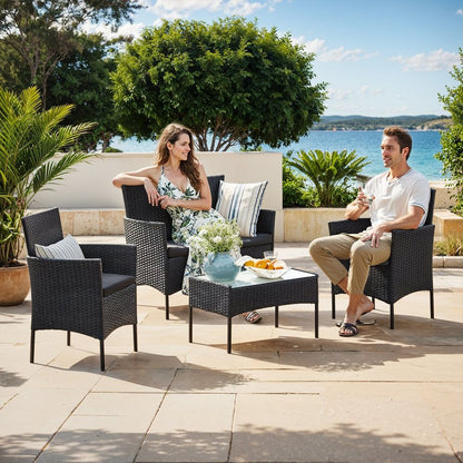 Σαλονάκι Μπαλκονιού Έπιπλα Κήπου 4 τεμ σετ Σαλόνι Βεράντας Καναπές Πολυθρόνες Μαύρο-Γκρί B34-GGF004B06