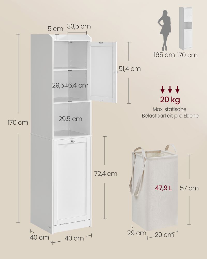 Ψηλό Ντουλάπι Μπάνιου με καλάθι για άπλυτα 40 x 40 x 170 εκ Λευκό και Γκρί BB-C761W01