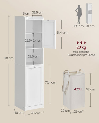 Ψηλό Ντουλάπι Μπάνιου με καλάθι για άπλυτα 40 x 40 x 170 εκ Λευκό και Γκρί BB-C761W01