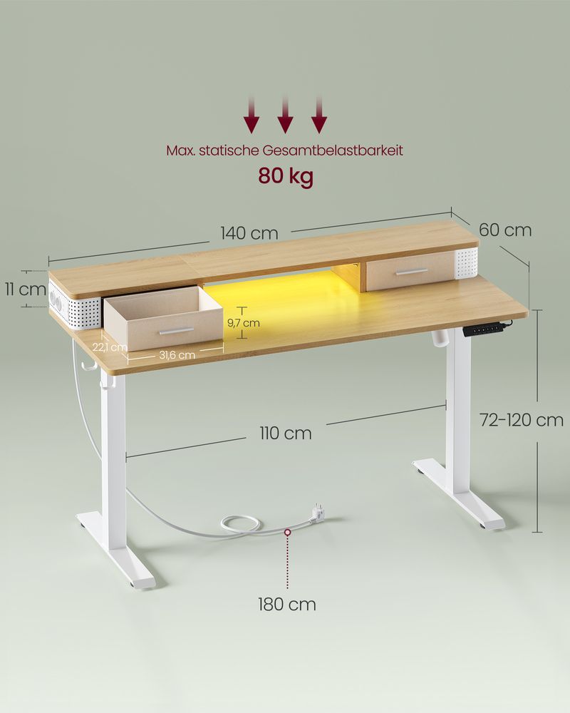 Elektrischer Schreibtisch, höhenverstellbar von 72–120 cm, mit LED-Beleuchtung LS-D182N01