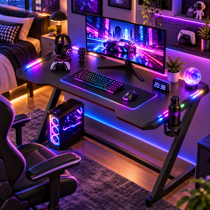 Γραφείο Gaming με Φωτισμό LED RGB, Μεταλλικό Σκελετό Σχήματος Z & Επιφάνεια Carbon Fiber 100×60×76 εκ.    LW-D410B101